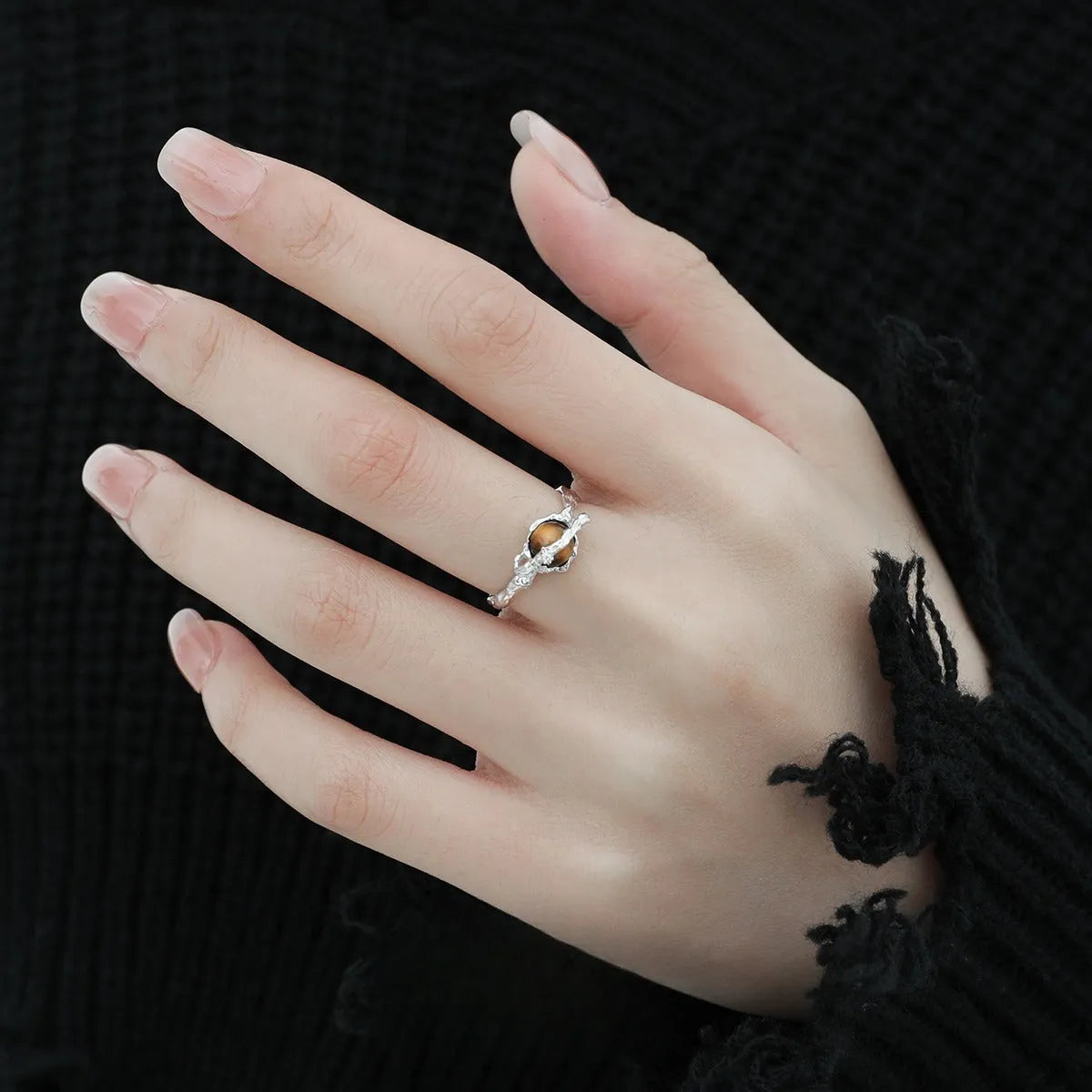 Adjustable Saturn and tigereye open ring in white gold colour electroplated silver