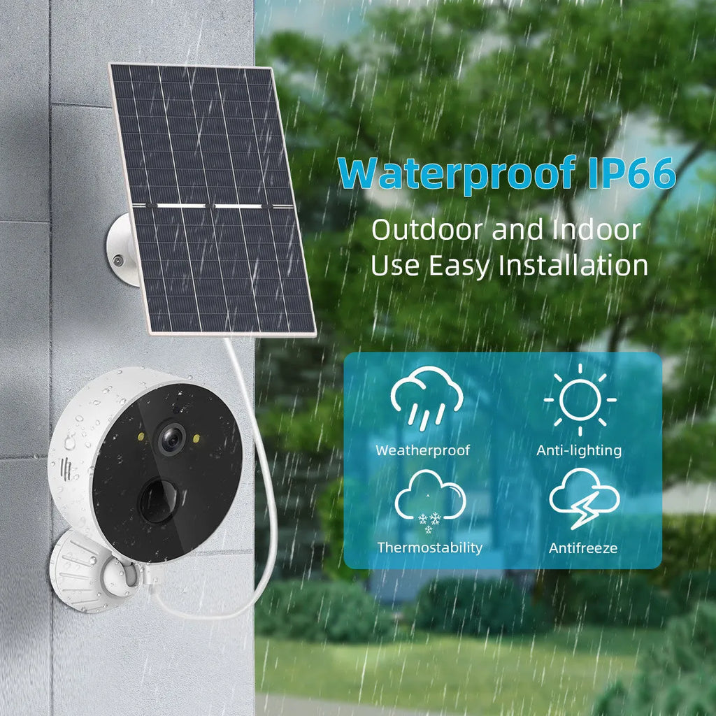 Solar powered outdoor security camera with solar panel for garden and property monitoring