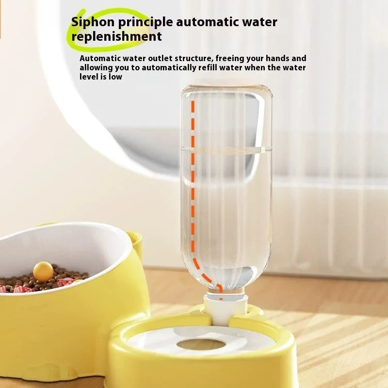 Automatic double bowl pet feeder with gravity dispenser in pink colour on elevated stand
