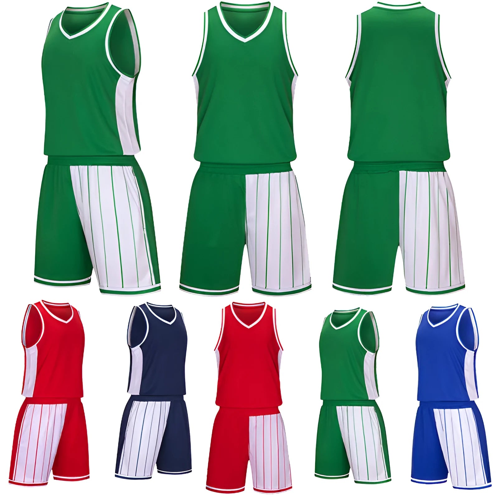 Men's basketball uniform set in blue, showing quick-dry polyester top and matching shorts for sports training.