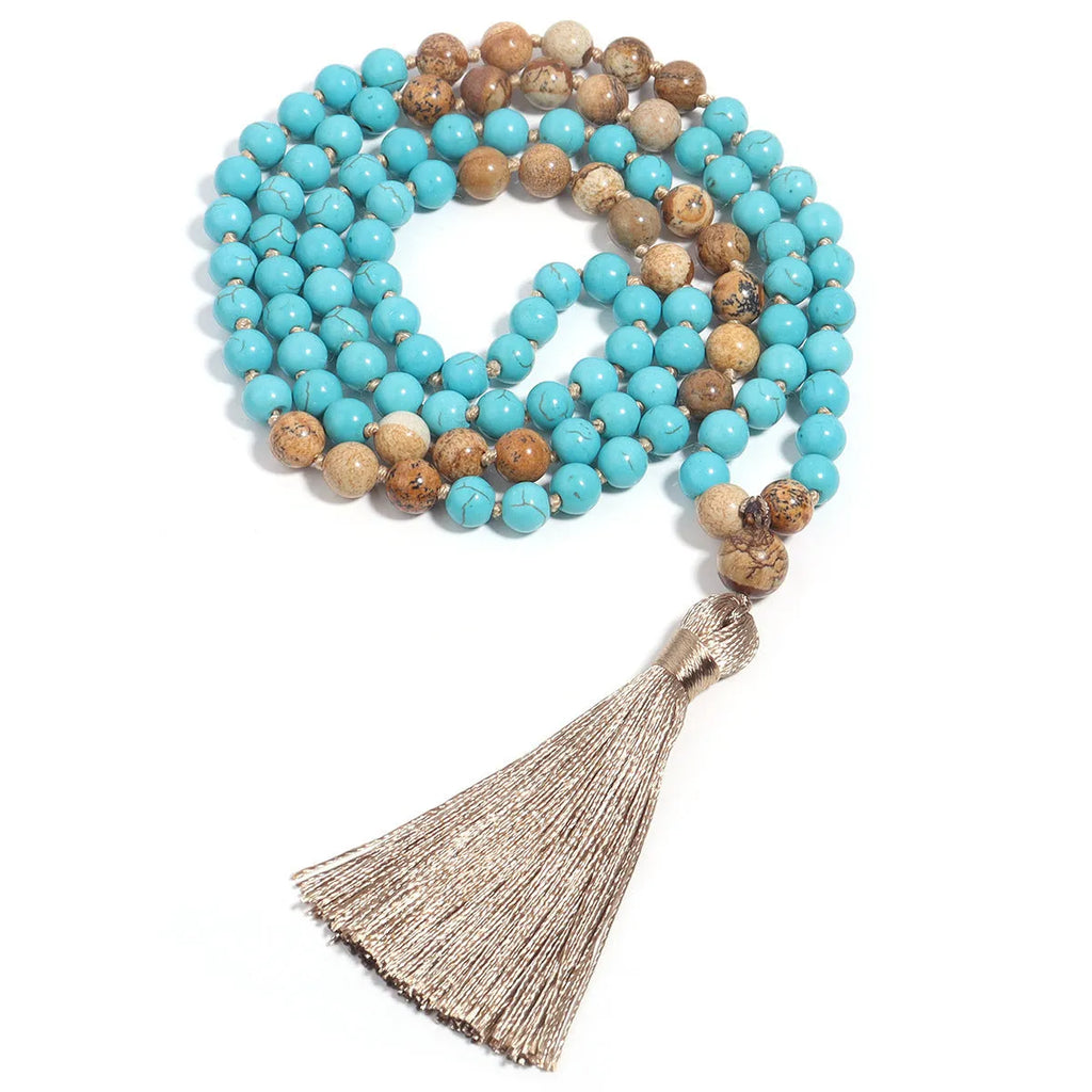Handmade 108 mala necklace with vintage turquoise painted stone beads on a ball bead chain, blue pine colour, unisex design