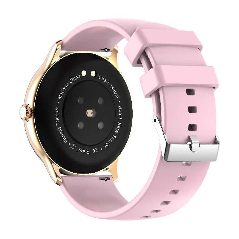 Blood pressure health smart sports watch with circular screen and black silicone strap.