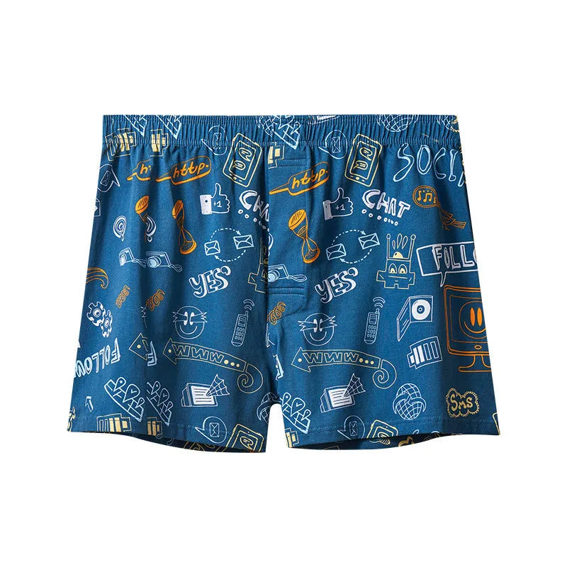 Men's cotton knitted boxers in Lake Blue with elasticated waistband and soft fabric, shown flat.