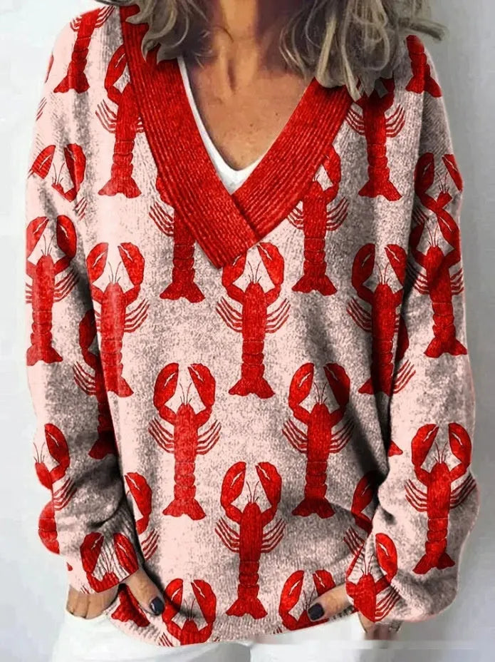 Women's V-neck long sleeve sweatshirt with a 3D floral art retro pattern in various colours