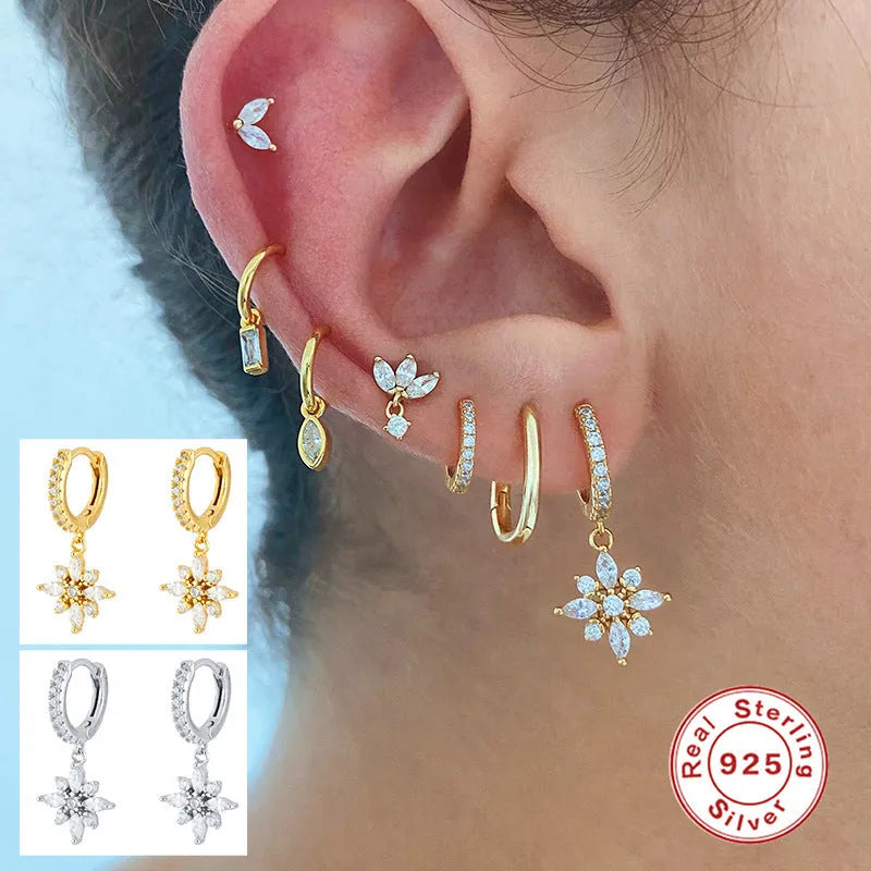 S925 sterling silver diamond snowflake pendant earrings in white gold or yellow gold colour