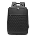 Men's leisure travel backpack in solid black Oxford cloth with curved shoulder straps and diamond mesh detailing