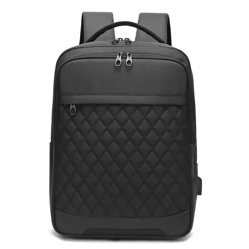 Men's leisure travel backpack in solid black Oxford cloth with curved shoulder straps and diamond mesh detailing