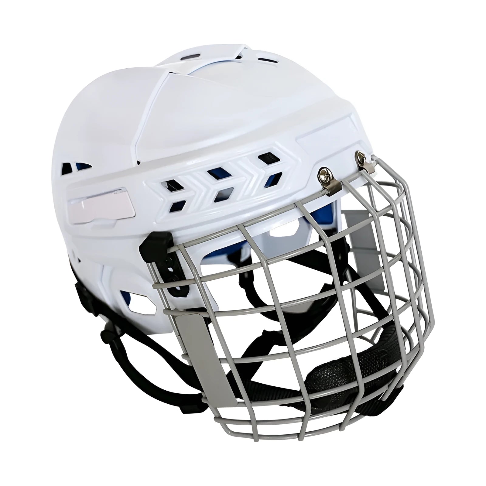 Ice hockey helmet with a carbon steel face mask and black impact-resistant shell.