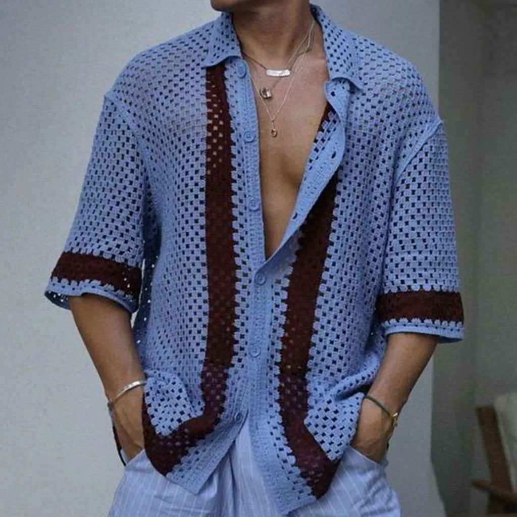 Men's blue hollow knit viscose short sleeve cardigan on a plain background