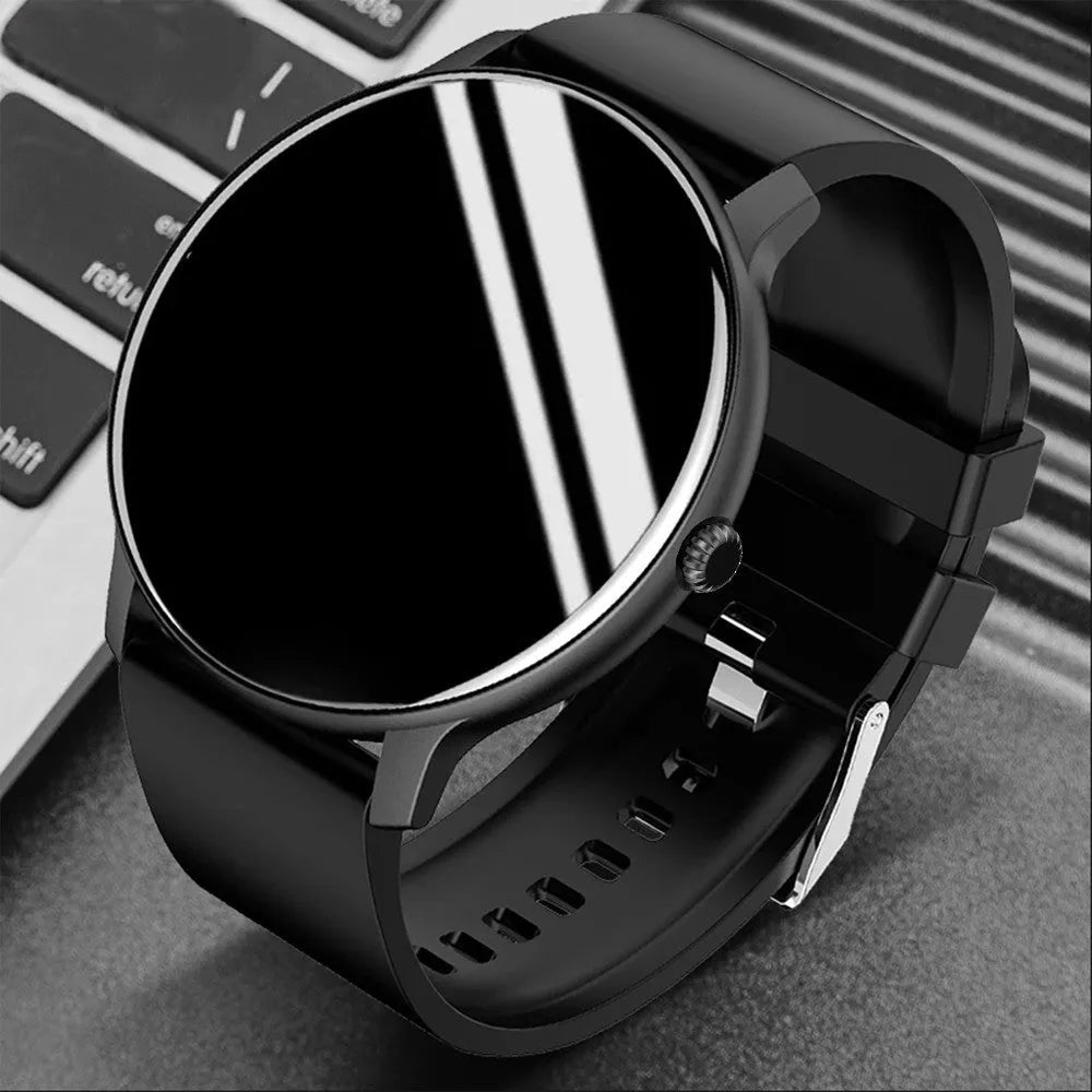Blood pressure health smart sports watch with circular screen and black silicone strap.