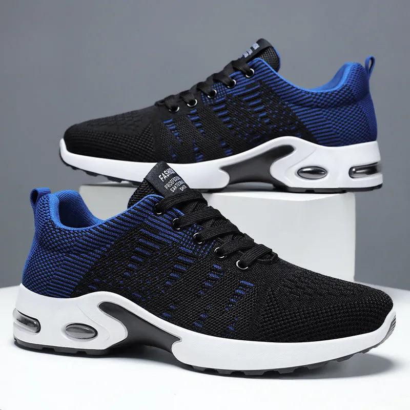 Men's flyknit mesh breathable lace-up casual sneakers low top round toe soft sole flat heel black and grey