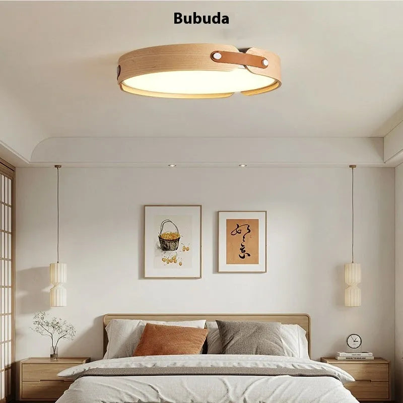 Japanese creative walnut bedroom ceiling lamp with wooden shade and PMMA lampshade, available in 42cm and 56cm