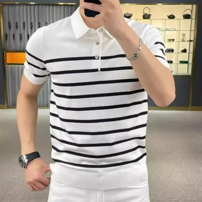 Men's black and white striped knit T-shirt with collar lapel detail