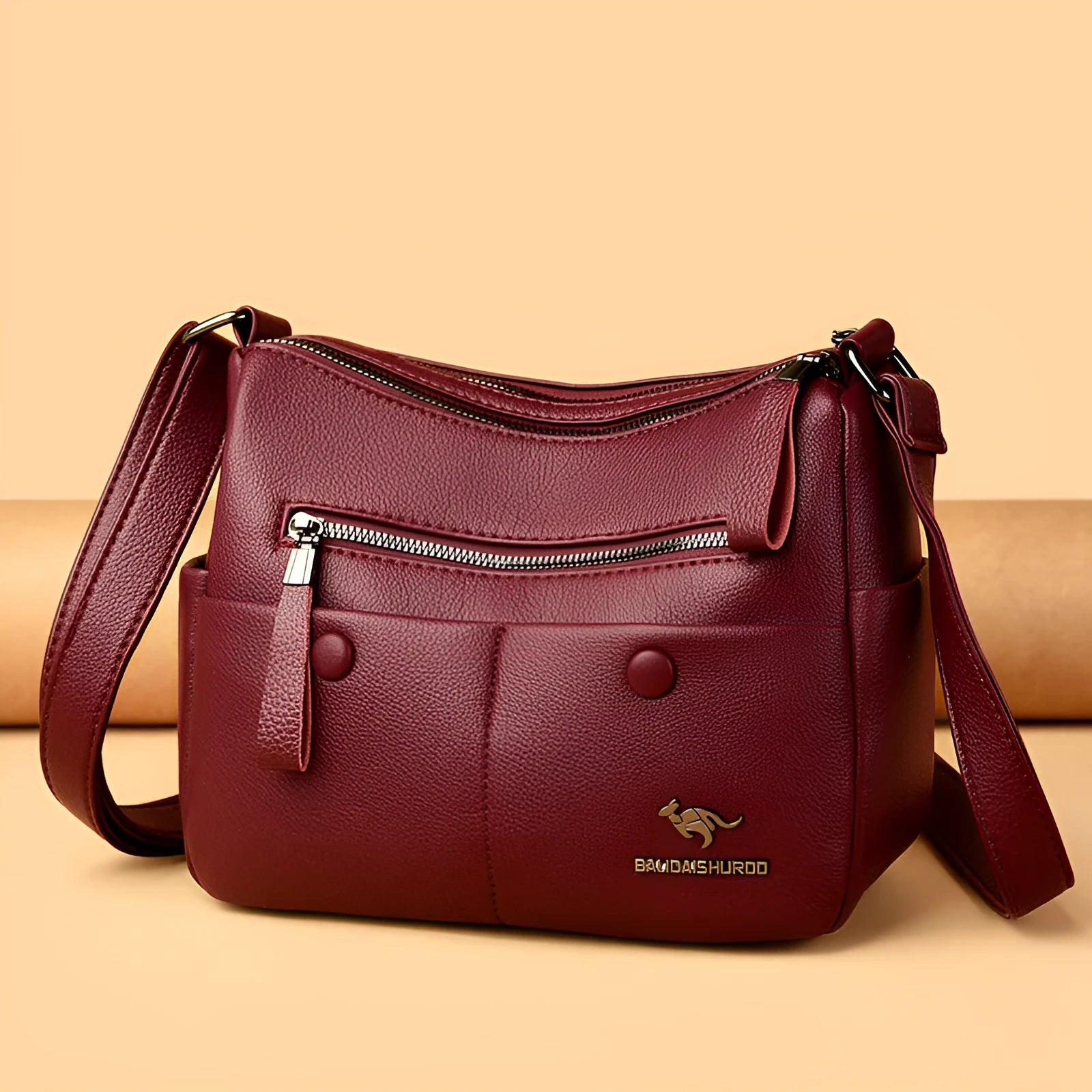 Soft PU leather crossbody bag in horizontal square shape with stitching detail, showing multiple colour options black dark blue wine red yellow.