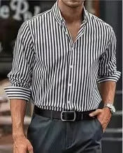Men's fashion casual holiday button shirt in khaki with long sleeves and striped pattern, loose cardigan style