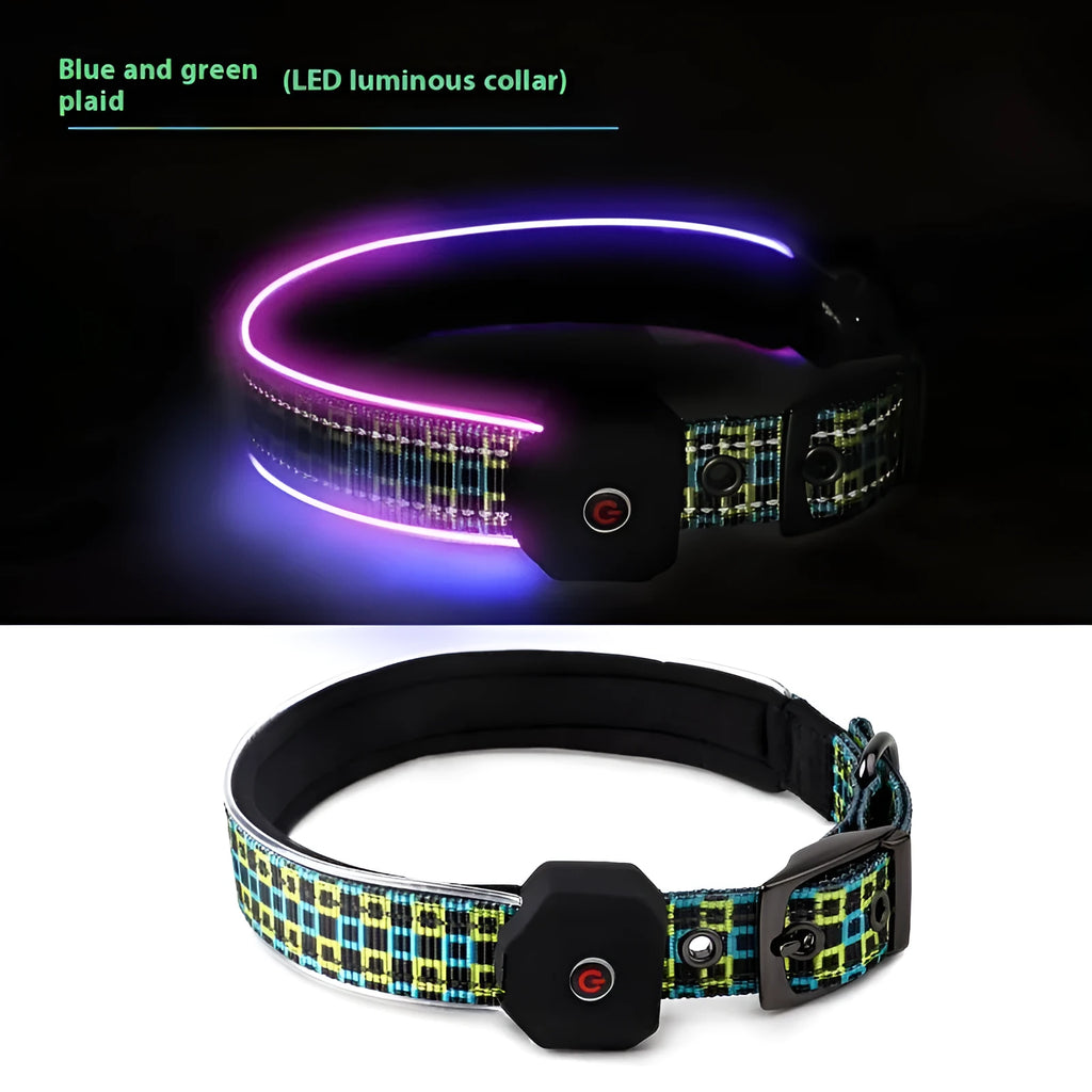 Blue and green plaid LED luminous dog collar with reflective stripe and USB charging, on a white background