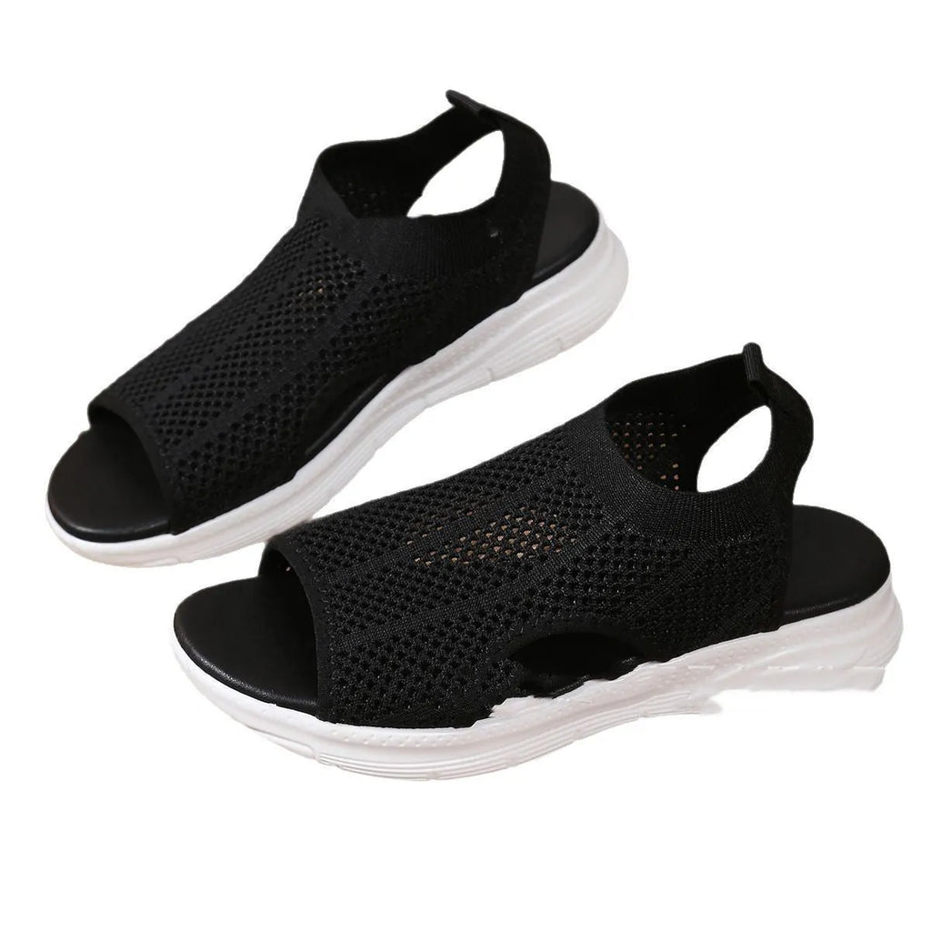 Women's platform sports sandals summer flat with rubber sole in black