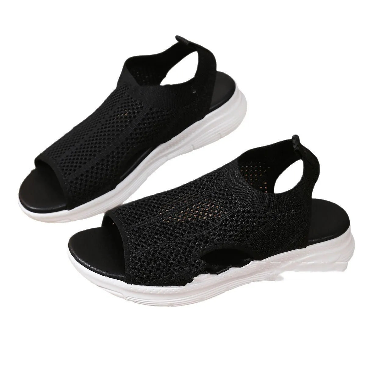 Women's platform sports sandals summer flat with rubber sole in black