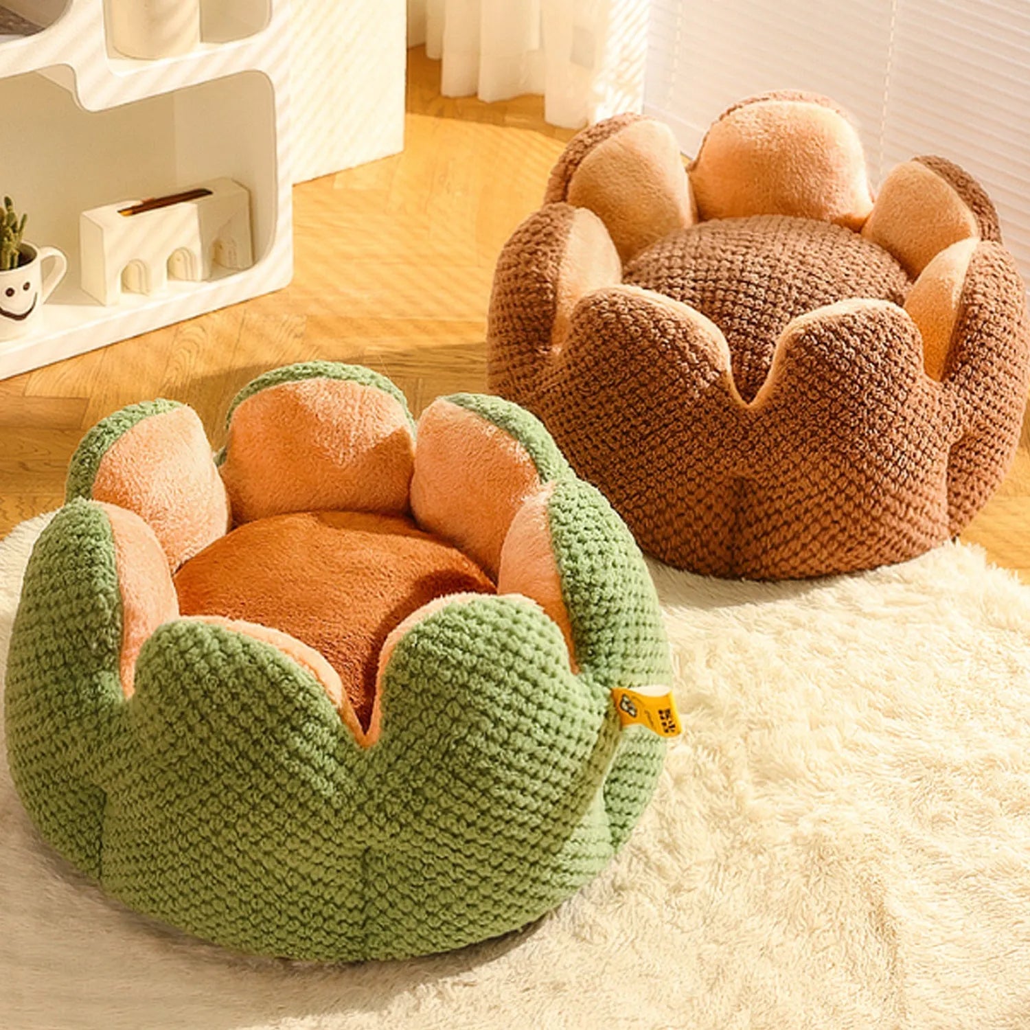 Green cactus petal shaped cat bed cave design with soft plush surface and non-slip bottom on hardwood floor