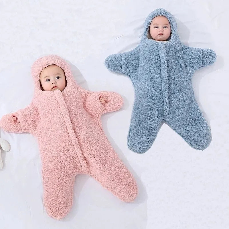 Baby starfish lamb velvet sleeping bag in pink with hood and zip, 76x78x39cm, for newborns 0-6 months