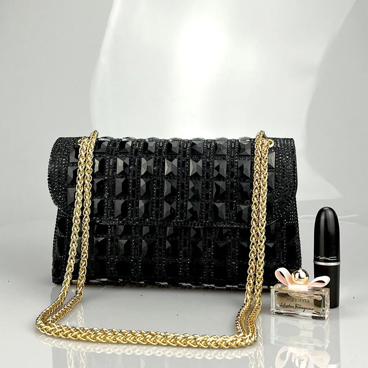 Shiny glass rhinestone diamond chain clutch handbag in horizontal square shape with chain strap, available in multiple colours
