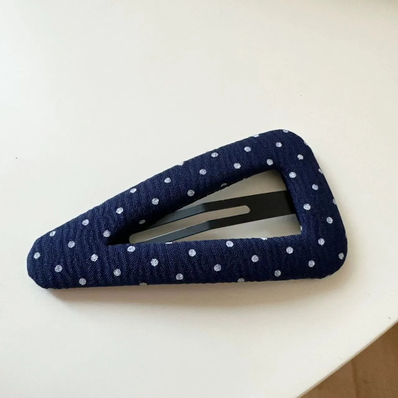 Retro dot side barrettes for women in triangle and water drop styles with dark denim and polka dot motifs.