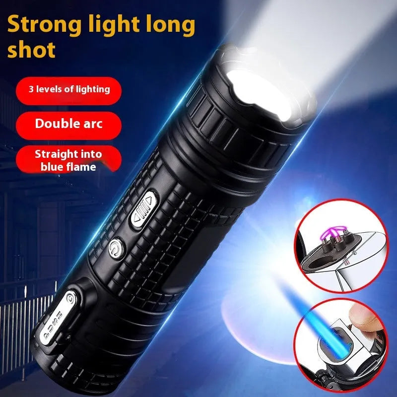 TH727 Multifunction metal flashlight lighter in camouflage, red, black, blue, and yellow colours.