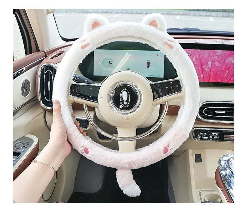 Plush car steering wheel cover with embroidered cartoon animal design for winter