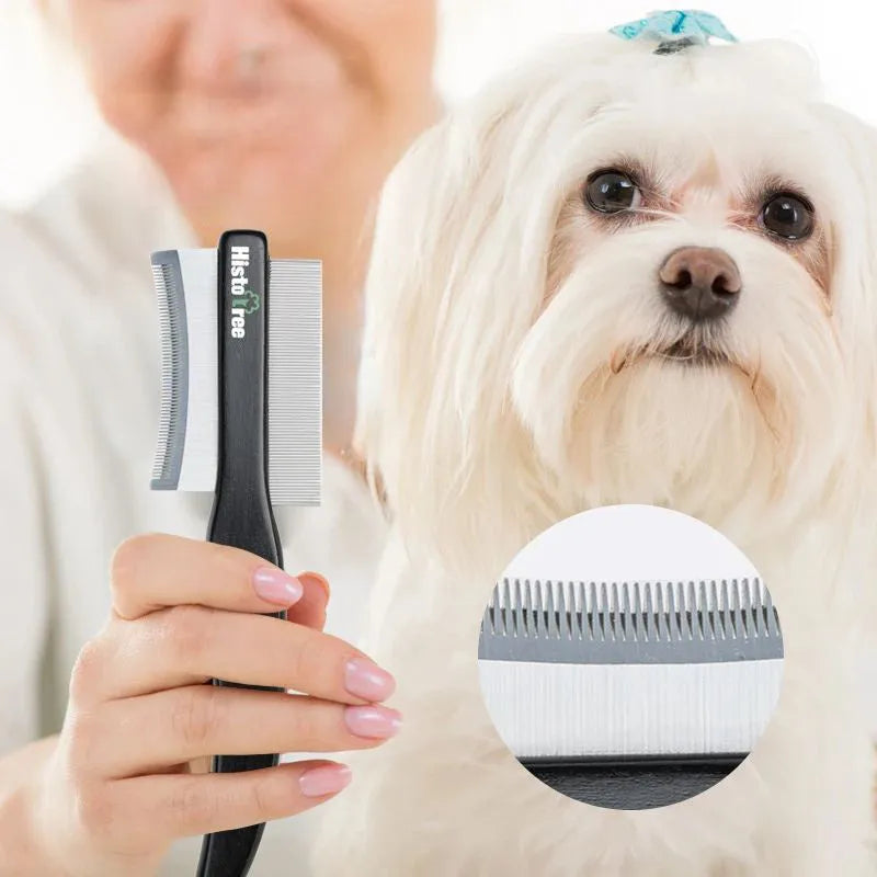 Black double-sided pet hair comb with stainless steel teeth and wood handle on white background