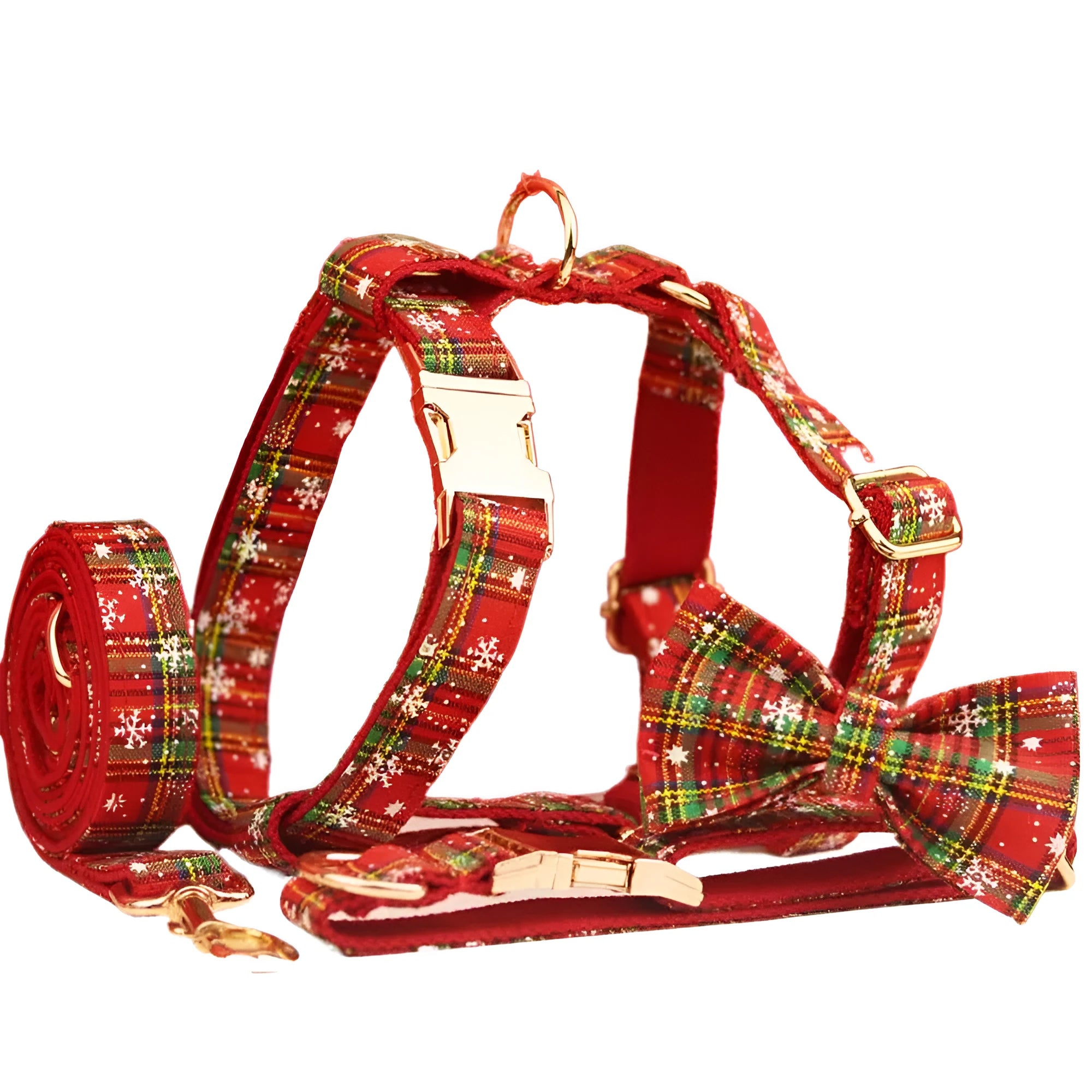 Red background snowflake plaid Christmas pet collar leash set with bowknot flowers and dog vest on a small dog