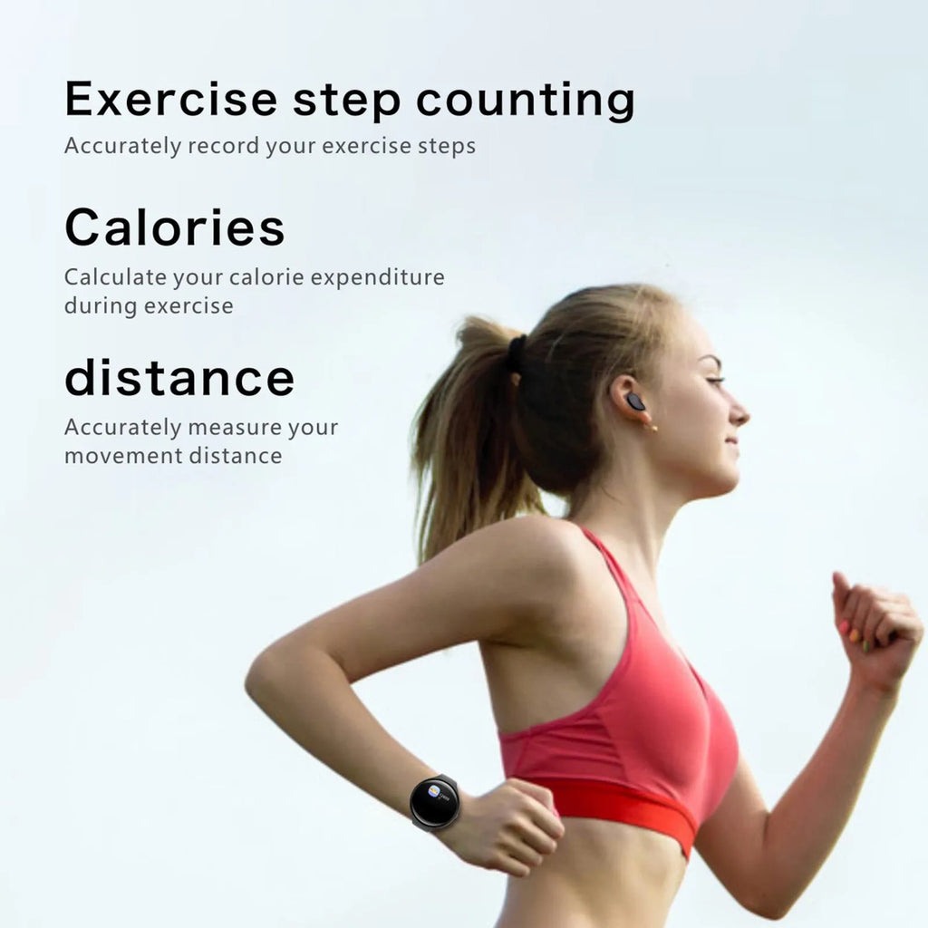 Black smart bracelet with detachable TWS Bluetooth earphones showing colour screen displaying heart rate and step count
