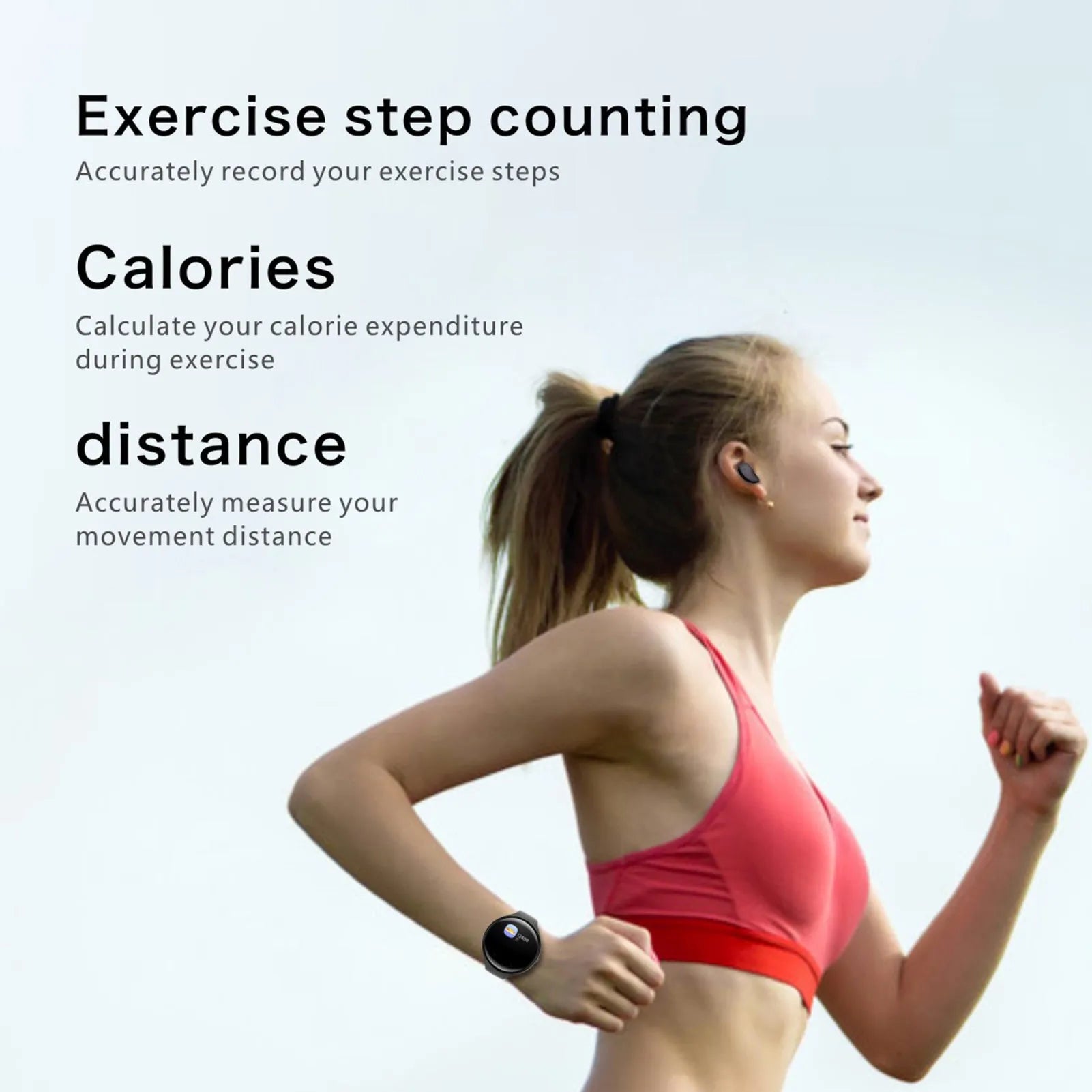 Black smart bracelet with detachable TWS Bluetooth earphones showing colour screen displaying heart rate and step count