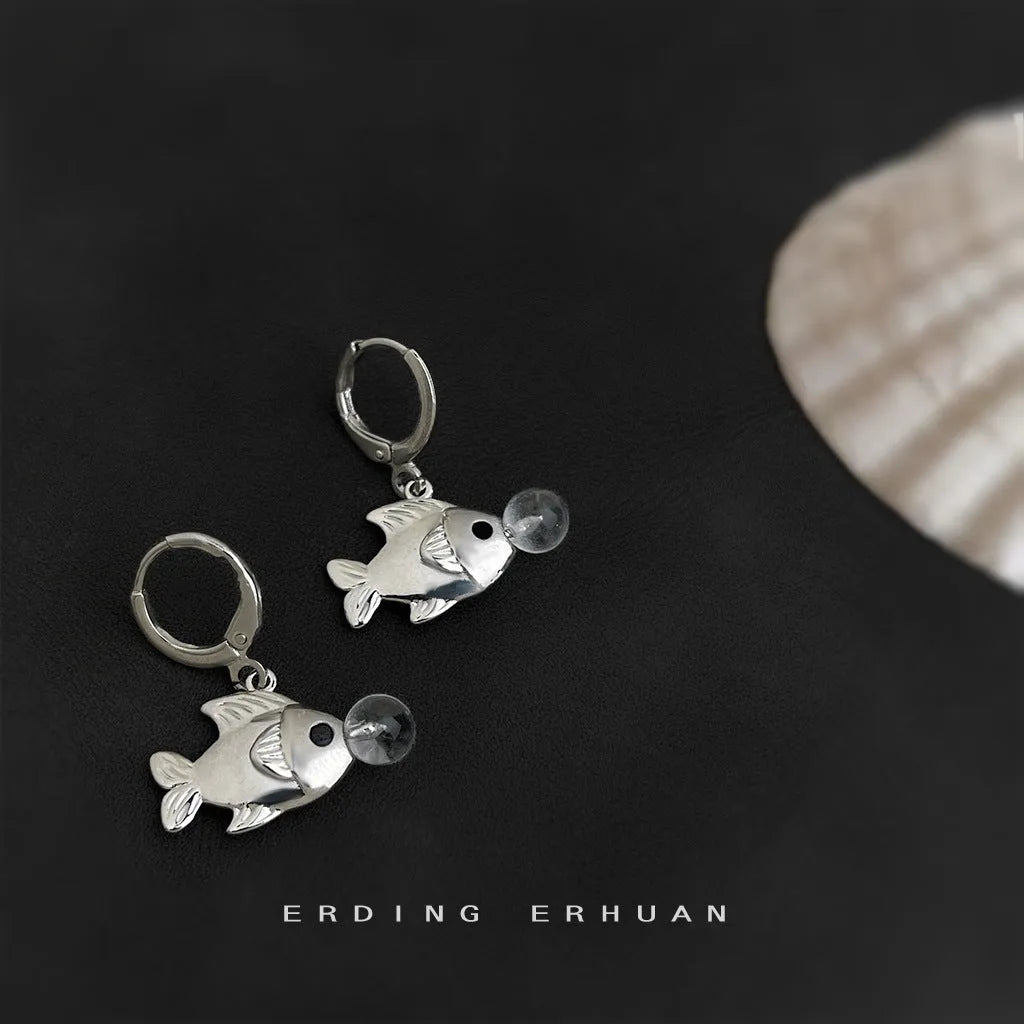 Bubble fish design earrings in electroplated copper with animal modelling and goldfish elements