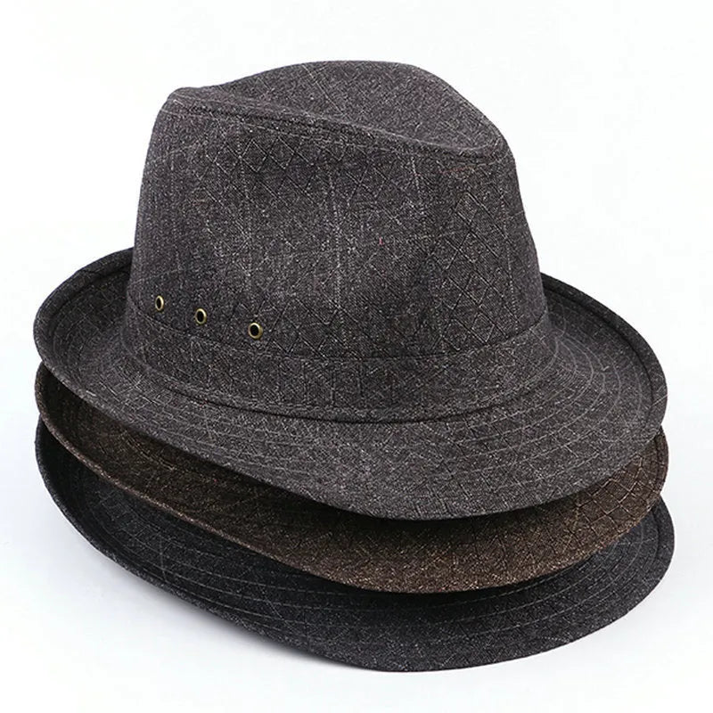 Thickened suit material fedora hat for men shown in beige, with classic pinched crown and brim.