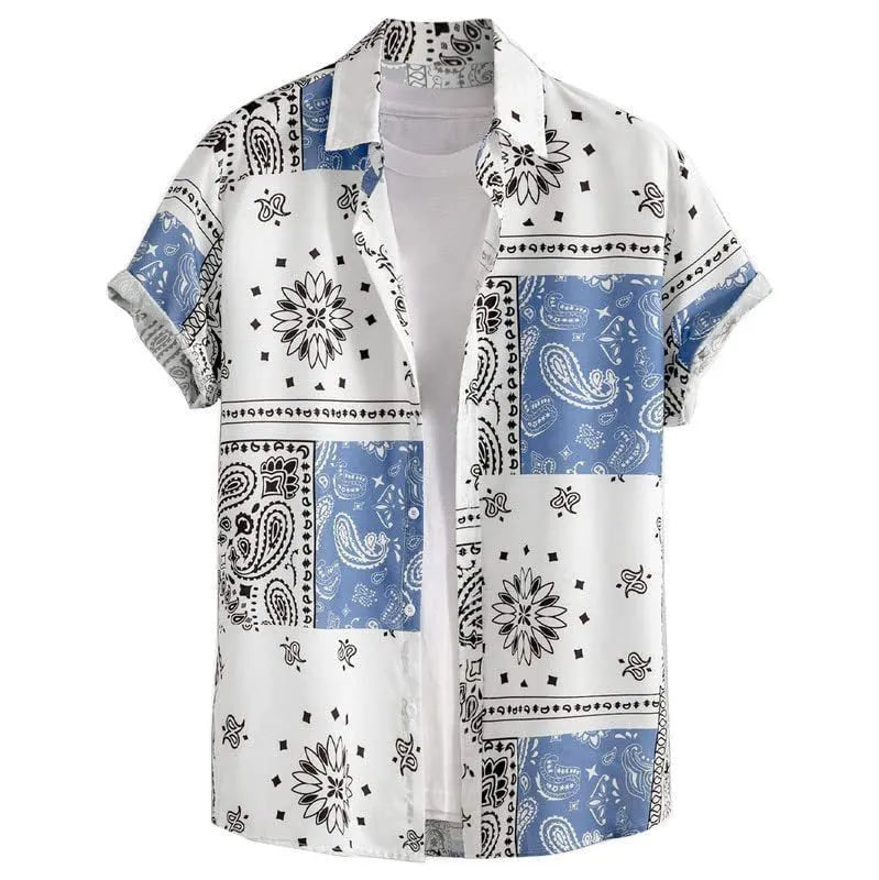 Men's slim fit short sleeve shirt with digital print in a tropical pattern, shown on model
