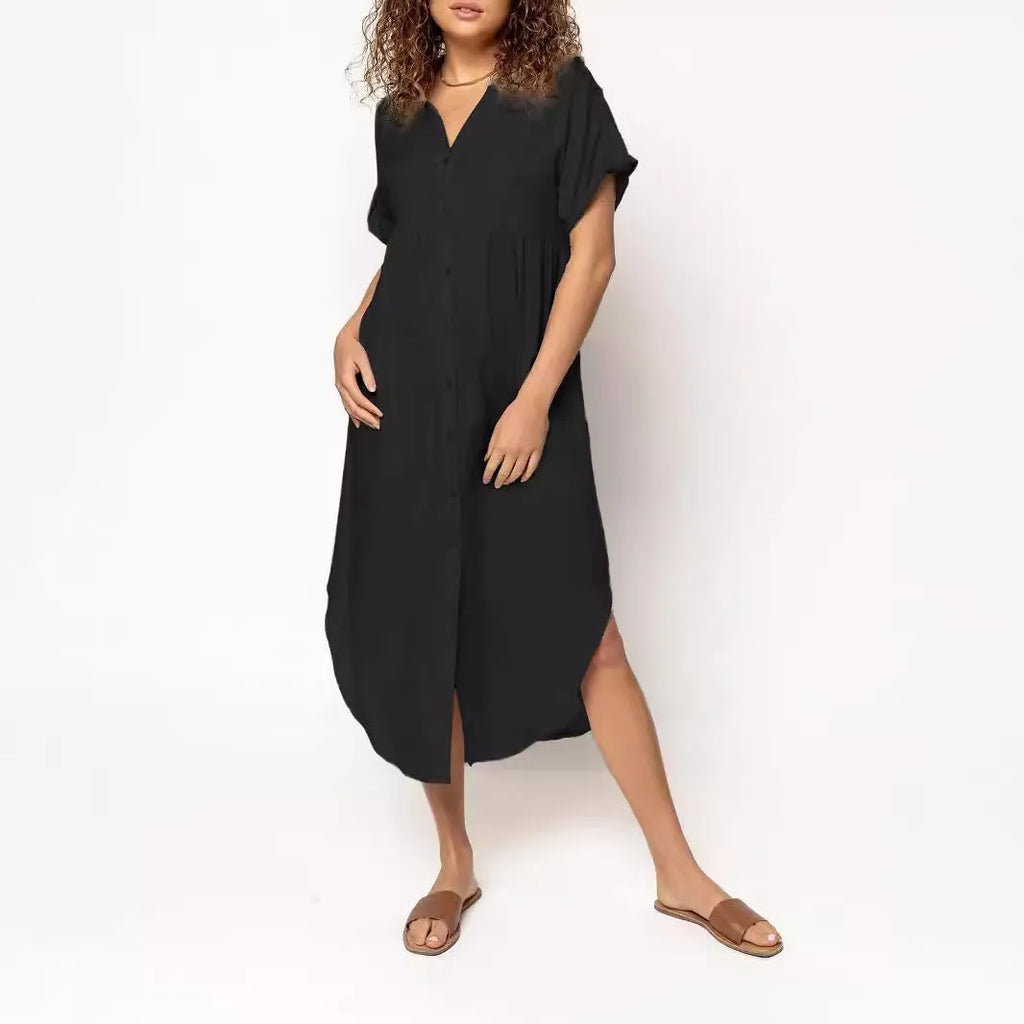 Women's loose fit mid-length casual dress with button front closure in solid colour