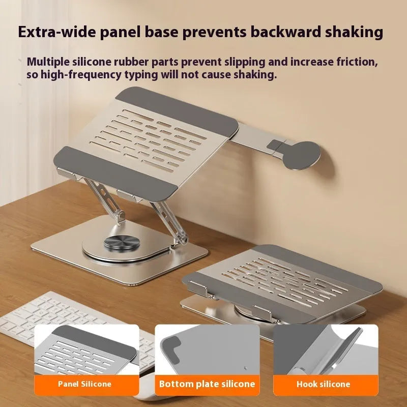 Silver carbon steel laptop stand with rotating magnetic phone holder supporting 17-inch laptop