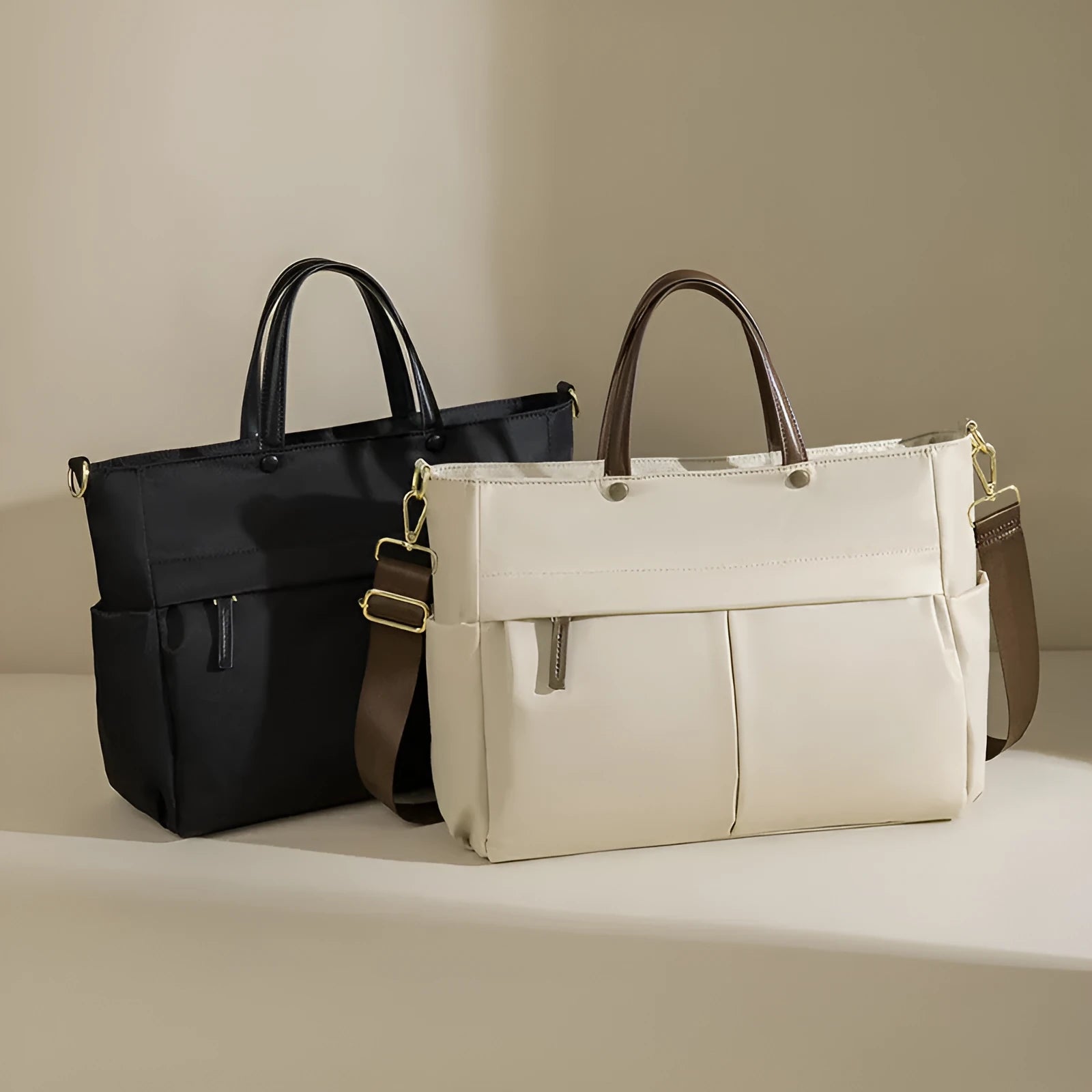 Women's Oxford cloth laptop briefcase showing elegant black colour with multiple open pockets and portable handle