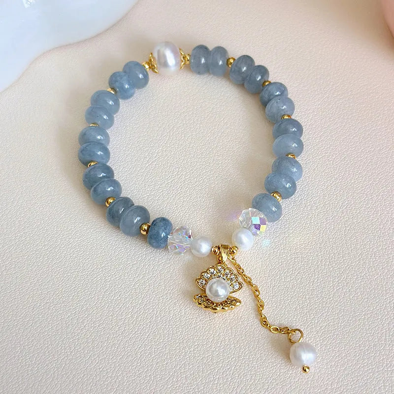 Natural aquamarine pearl shell healing bracelet for women handmade travel commemoration gift