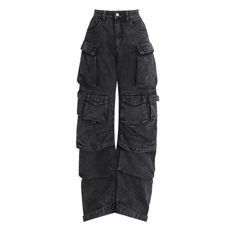 Blue high waist wide leg women's trousers with multiple pockets on a street style background.