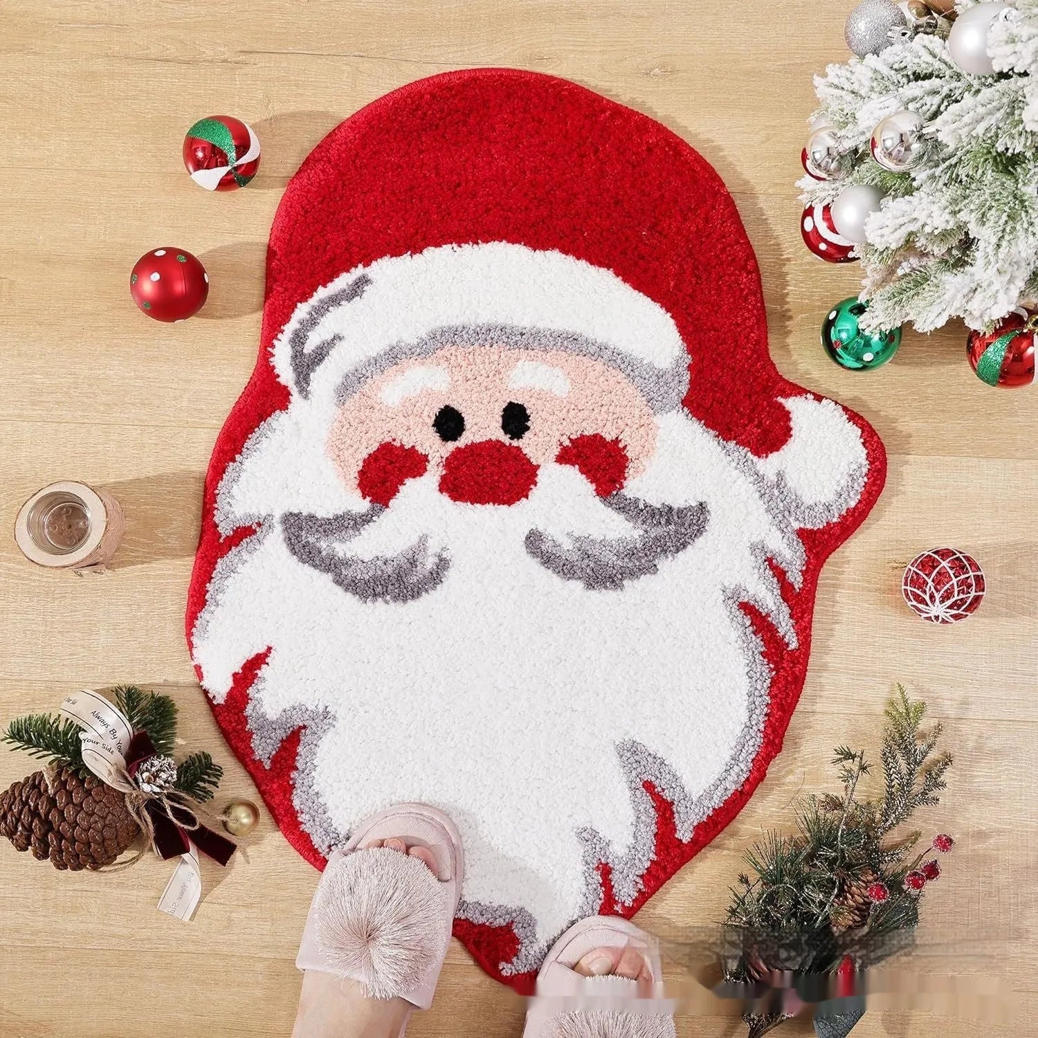 Christmas geometric pattern hallway mat with anti-slip dots and square shape in festive colours