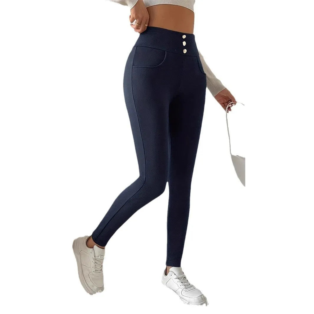 Navy blue women's high waist casual trousers with straight leg fit on hanger