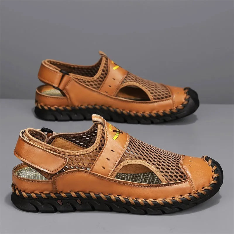 Men's mesh breathable hollow shoes in black genuine leather with rubber sole, low-top design