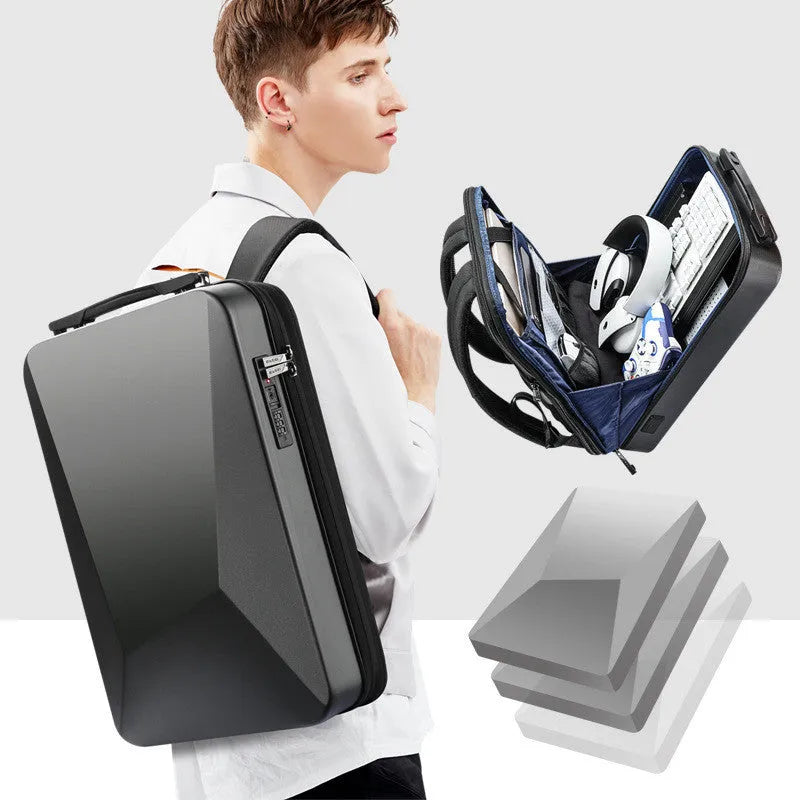 Hard shell gaming backpack with PC construction in titanium gold or black colour options