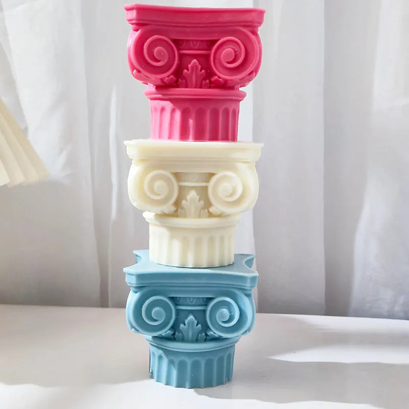 Silicone Roman pillar mould for making candles, chocolate, cakes, and plaster decorations.