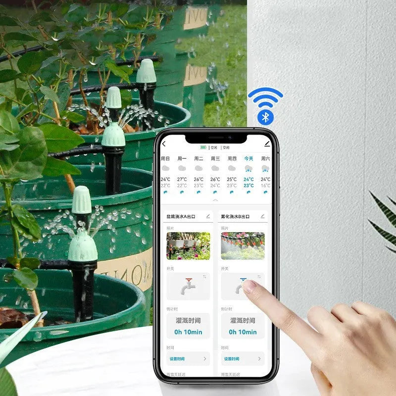Bluetooth dual watering controller with timer connected to outdoor tap, 122x58x141.5mm, plastic body, IPX5 waterproof