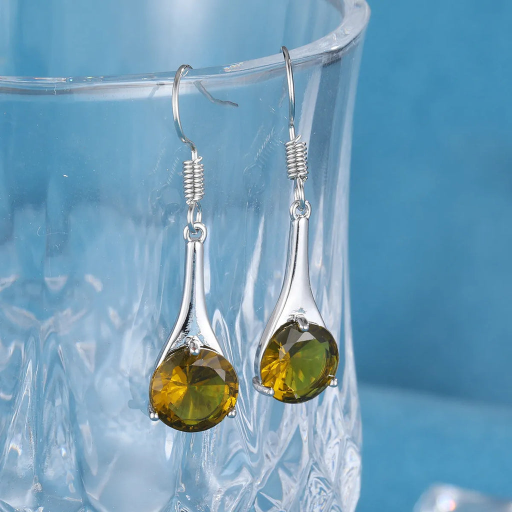 Olive green topaz drop earrings with water drop shape in retro electroplated alloy design