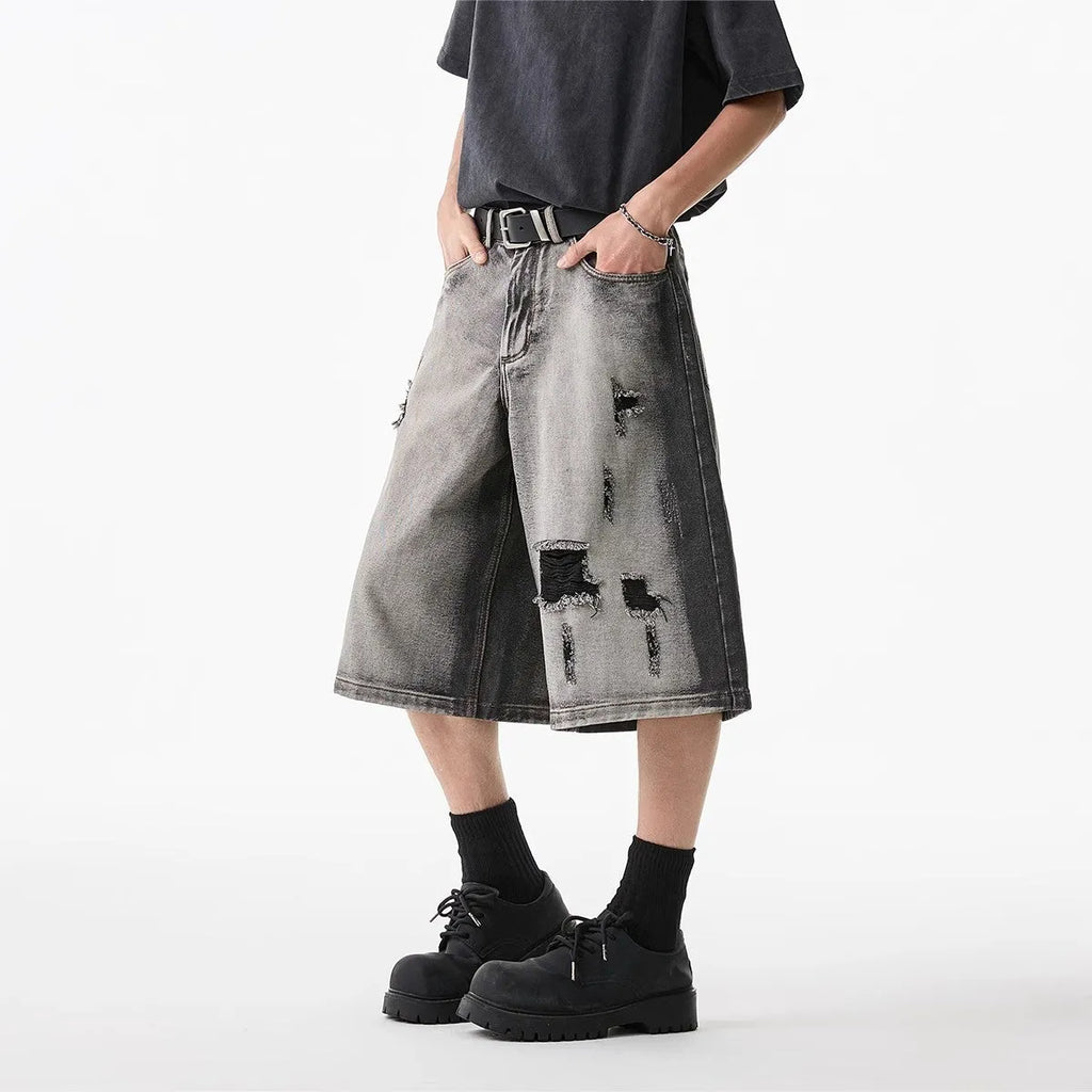 High Street loose fit cotton denim shorts in gray with water washed hole detail for summer