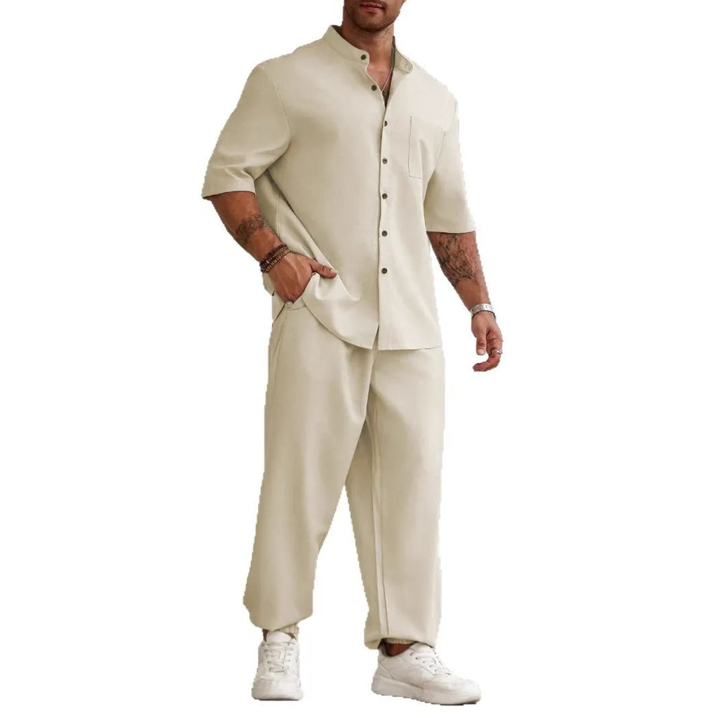 Men's casual cotton linen short-sleeved shirt and long trousers set in apricot, laid flat.