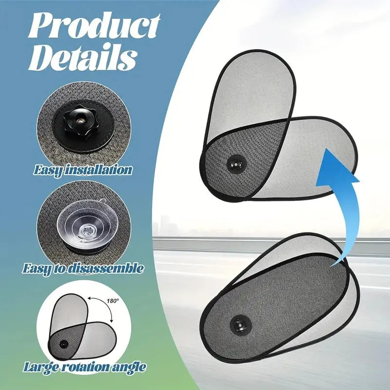 Black adjustable car side window shades with suction cups stretched over car window